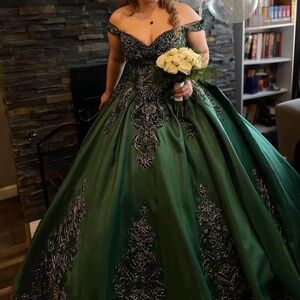 Emerald Green gown with gold appliqué. quinceanera dress or ball gown